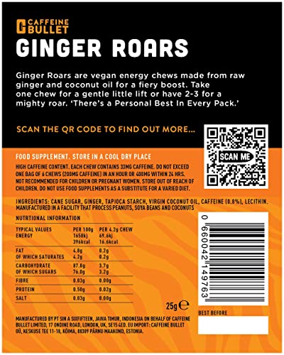 Image of Ginger Roars - 120 Caffeine Gummies - Plant Based Caffeine Chews Each 33mg Caffeine, Made from Root Ginger with a Natural Fiery Kick for Improved Energy for Running, Cycling, preworkout & Focus.