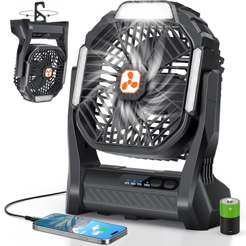 PDBEST Ventilador a pilas 20.000 mAh inalámbrico, recargable, ventilador portátil con linterna LED, ventilador de mesa, batería USB-C, ventilador de camping para viajes, playa, color negro PDBEST Ventilador a pilas 20.000 mAh inalámbrico, recargable, ventilador portátil con linterna LED, ventilador de mesa, batería USB-C, ventilador de camping para viajes, playa, color negro