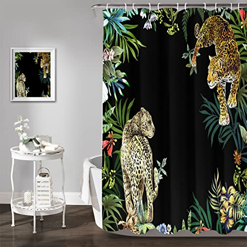 GOOESING Animal Print Leopard Shower Curtain Set,Hooks Included,Tropical Safari Black Fabric Bathroom Shower Curtain 180x180 - Image 3