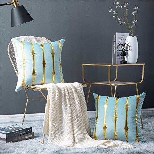 Topfinel Decorative Pillow Covers 18X18 Inches Throw Pillow Covers Gold Stamping Striped Velvet Cushion Covers For Sofa Couch Chair Pack Of 2, Light Blue #TOP4