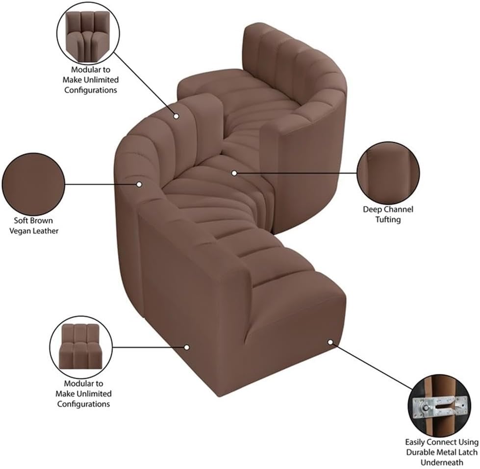 BOWERY HILL Modular Sectional Sofa, 6-Piece, Brown Vegan Leather, Deep Channel Tufting, Contemporary Design, 145" W x 50" D x 30" H, Comfortable Living Room Seating