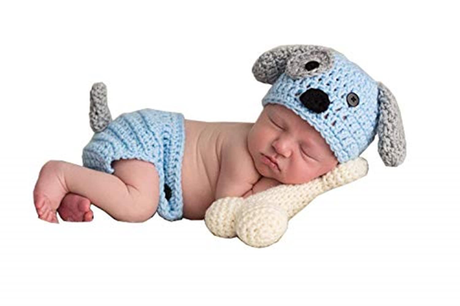 Set di 3 accessori per foto per neonati, all'uncinetto, a maglia, blu, con osso, per ragazzi e ragazze, fotografia (0-6 mesi)