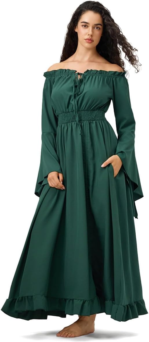 Renaissance Dress Women's Halloween Costume - Convertible Maxi Dress Lace-up V-Neck, Bell Sleeves & High-Low Skirt - Image 2