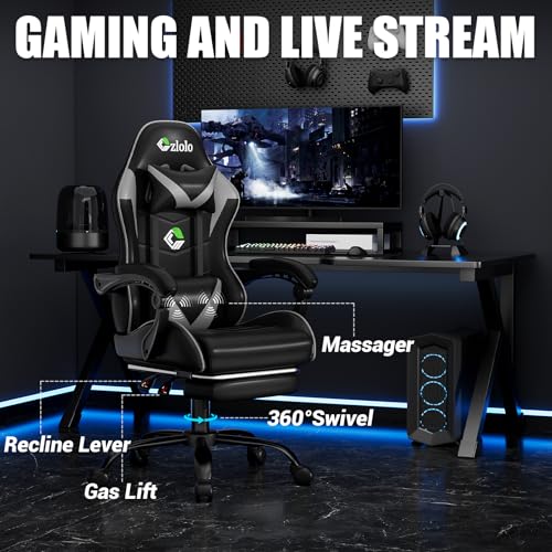 Czlolo Gaming Chair with Footrest Racing Style Lumbar Support Massager Video Game Chair with Metal Legs, High Back Reclining Gamer Chair with Headrest, 360° Swivel Office Computer Desk Chair (Gray) - Image 5