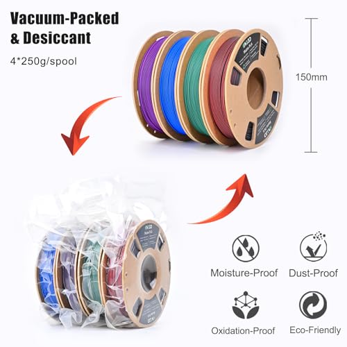 Image of OVV3D Matte PLA 3D Printer Filament Bundle 250g x 4 Spools, Dual Color Filament 1.75mm Pack, Multi Color Change 3D Printing Filament, High Quality Matte Surface, Black - Red, Blue, Green, Purple