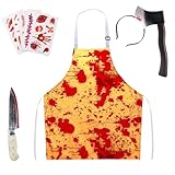 Halloween Bloody Butcher Costumes Set- Waterproof Bloody Apron with Axe Headband Butcher Knife Temporary Tattoos, Terrifying Role Play for Men Costume Party Carnival Prop Accessories (Yellow)