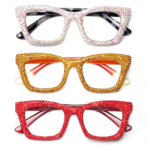 Image of 3 pack style Spring hinge Readers Blue Light Blocking Computer Square Reading Glasses for Women Men (Cdiamond, 1.75)