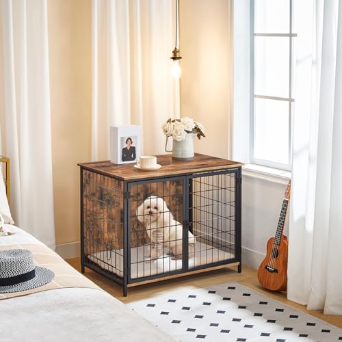 MAHANCRIS Hundekäfig Möbel, 80 cm Hundebox mit Kissen, 2 Tür, Doppeltür, Holzwerkstoff, für Kleine/Mittelgroße/Große Hunde, 80 x 55 x 65 cm, Hundekäfig für Zuhause, Vintagebraun ADCHR0701Z1