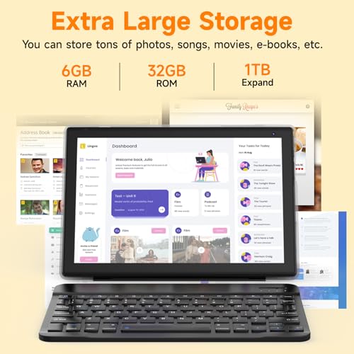 Image of Android 15 Tablet 10 inch, 2 in 1 Tablet with Keyboard. 6GB RAM+32GB ROM Support 1TB Expandable Tablets PC, Quad-Core CPU, HD Screen, BT, WiFi, Long Battery Life Tablets with Case Mouse Stylus, Black