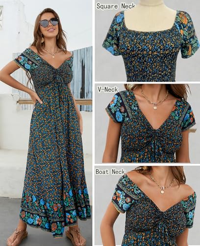 Women's Summer Floral Maxi Dress Casual Short Sleeve Flowy Boho Beach Party Long Dress3