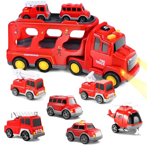 PATEMZON Camion Bomberos Juguete, 7 en 1 Camion Transportador de Coches con Sonido y Luces, Camión de Juguetes con 6 Mini Coches de Tracción Trasera y Tatuajes de Niños, Regalo para Niños Niñas