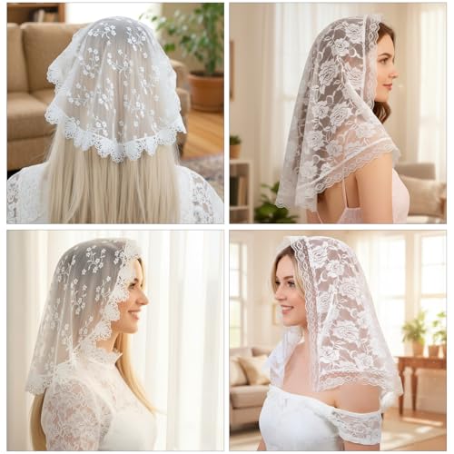 guduling 2 Pcs Chapel Veil, Catholic Veils for Mass, Lace Rose Cutout Head Coverings for Women Religious, Church Veils for Women Catholic, Velo Para La Iglesia, (White & Black)