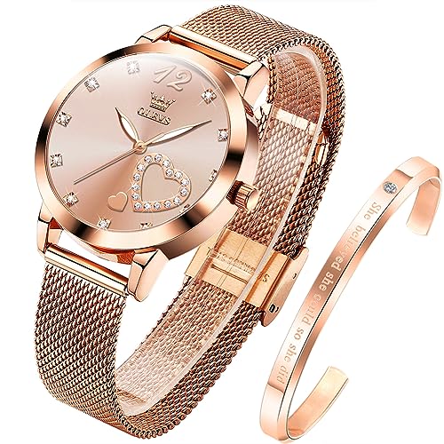OLEVS Damenuhr Roségold mit Herz Diamant Rosa Gesicht Quarz Armbanduhr Wasserdicht Gürtel Armreif Set