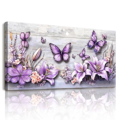 SERIMINO Purple Lavender Wall Decor, Butterfly Floral Canvas Prints 24"x48"
