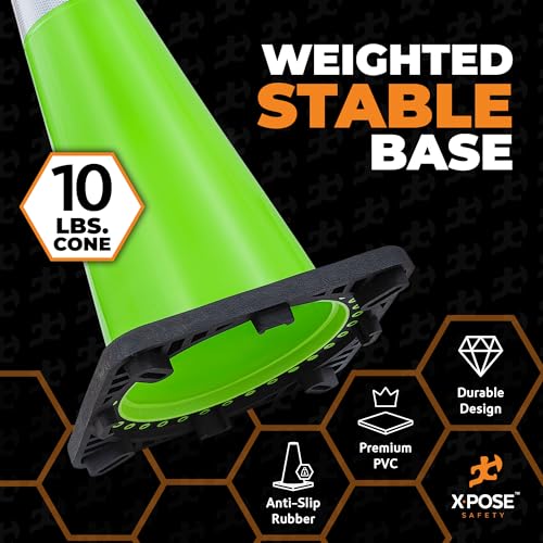 Image of Xpose Safety 36 inch Lime Green Traffic Cone Dual 6 inch & 4 inch Reflective Collar - 4 Pack Multipurpose Premium PVC Safety Cone for Parking, Caution, Construction, Road Crews, Emergency Vehicle - DOT Approved