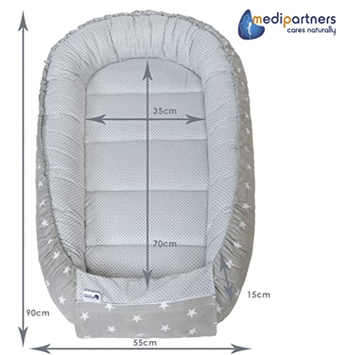 Medi Partners Babynest Kuschelnest Babynestchen 100% Baumwolle Nestchen Reisebett für Babys Säuglinge 100x60x15cm herausnehmbarer Einsatz (graue Sternen mit Hellrosa Minky) – Bild 5