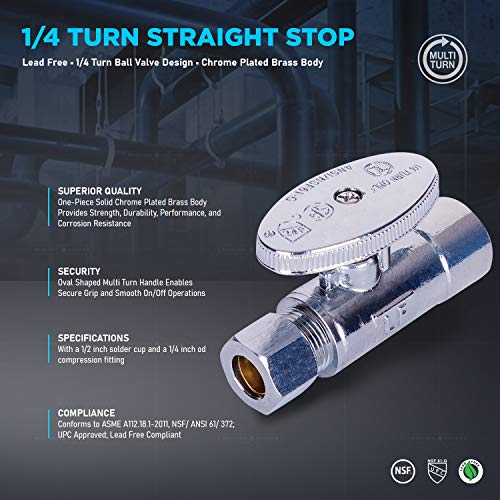 Image of Midline Valve 82212QS-OM-5 Water Supply Stop Valve with Quarter Turn Wheel; Straight Shut-off for Toilet, Sink, Dishwasher; 1 /2'' SWT x 3 /8'' Compression; Chrome Plated Brass (5 PK)