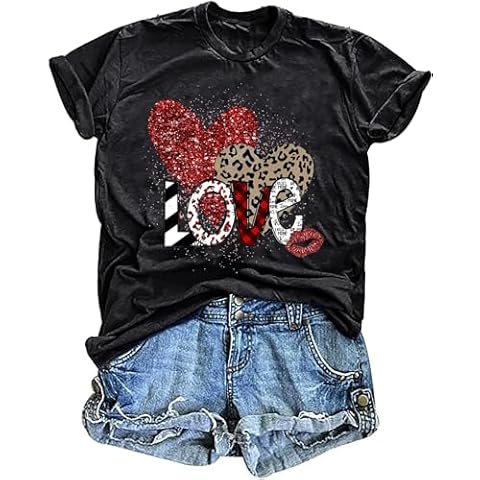 Valentine's Day Shirts for Women Funny Plaid Leopard Love Heart Print Tee Spring Casual Short Sleeve Graphic Tees Tops(L,Dark Grey-1) Cover