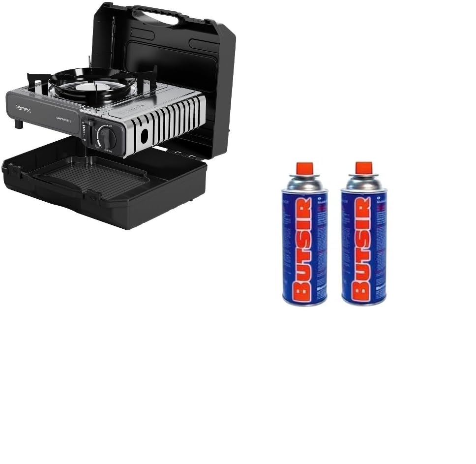 FYSHOP Pack Camp Bistro 3 Combo – Hornillo De Camping 1 Quemador + Plancha + 4 Botes De Gas + Maletín | Cocina Portátil Para Exteriores, Picnic Y Acampada