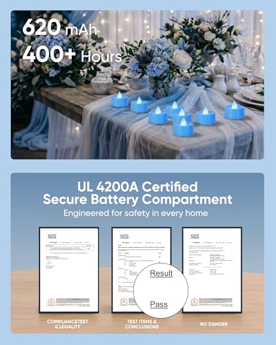 Image of Homemory 12-Pack Light Blue Remote LED Battery Tea Light Candles, 400+ Hrs | 2 /4 /6 /8H Timer Flameless Flickering Tealight Votives for Weddings /Baby Showers