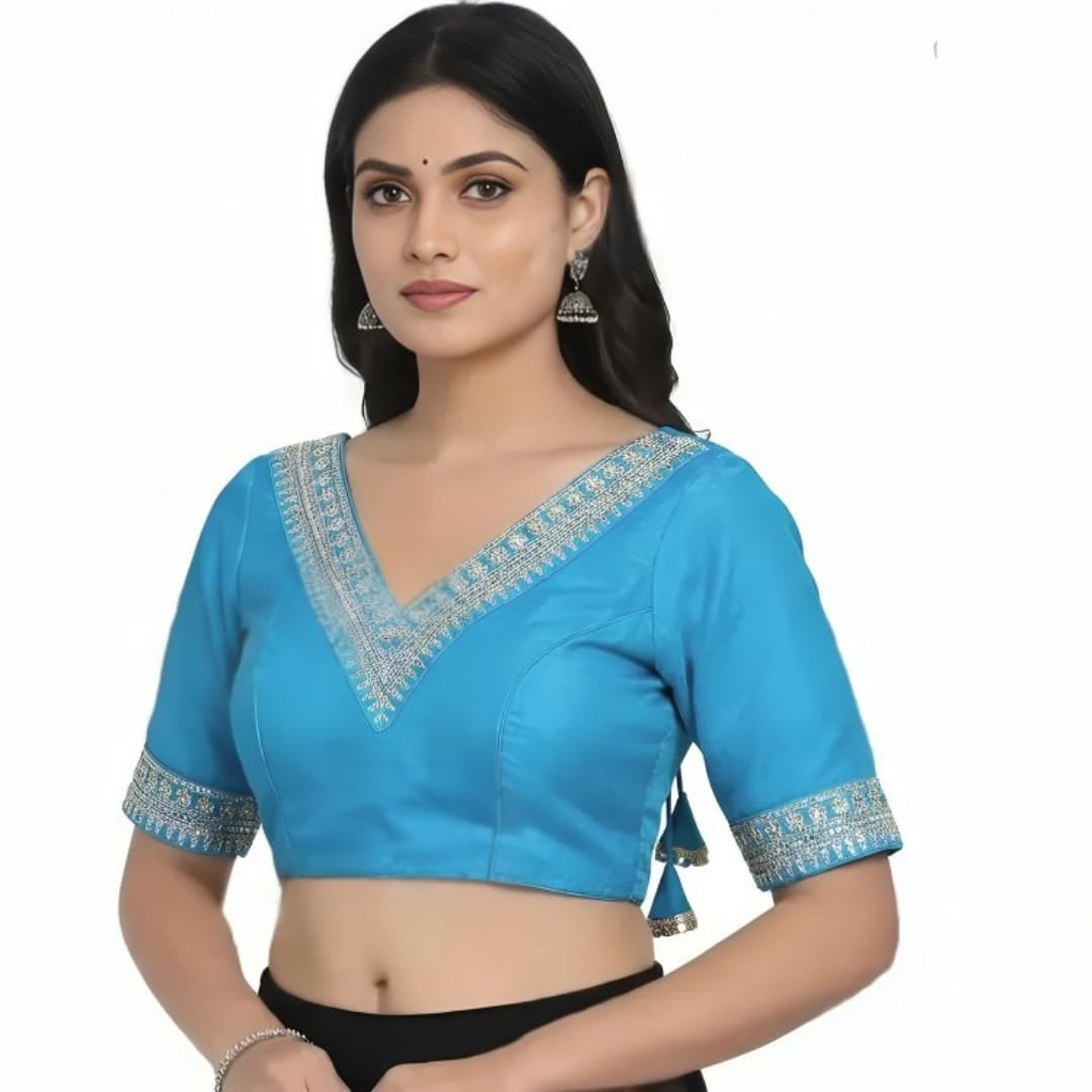Women’s Vichitra Silk V-Neck Embroidered Readymade Saree Blouse | Designer Stitched Blouse for Saree | Free Size Adjustable Fit | Premium Fabric & Detailed Embroidery Work