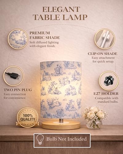 Image of Homesake Small Pine LED Table Lamp-Wooden Bedside Lamp Simple Bedroom Light Linen Shade Mini Desk Lamp Nightstand Lamps for Bedroom, Living Room, Gift, (Clip Printed Shade)