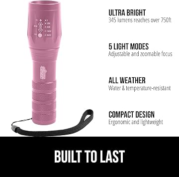 GORILLA GRIP Powerful LED Handheld Flashlight, Pink