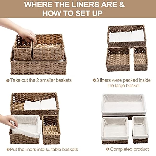 FairyHaus Wicker Baskets for Organizing, Waterproof Rectangle Small Storage Basket for Shelves, Nesting Lined Set of 3, Rustic Brown