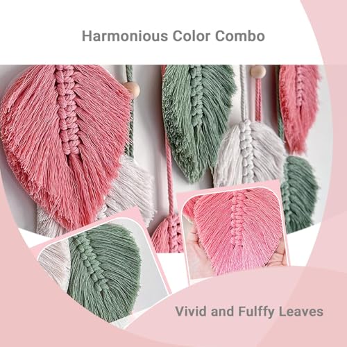 Boho Macrame Wall Hanging Nursery Decor with Handmade Leaves Feather Tassels - Woven Yarn Tapestry for Baby Room, Bedroom & Living Room Art Decoration - Pink