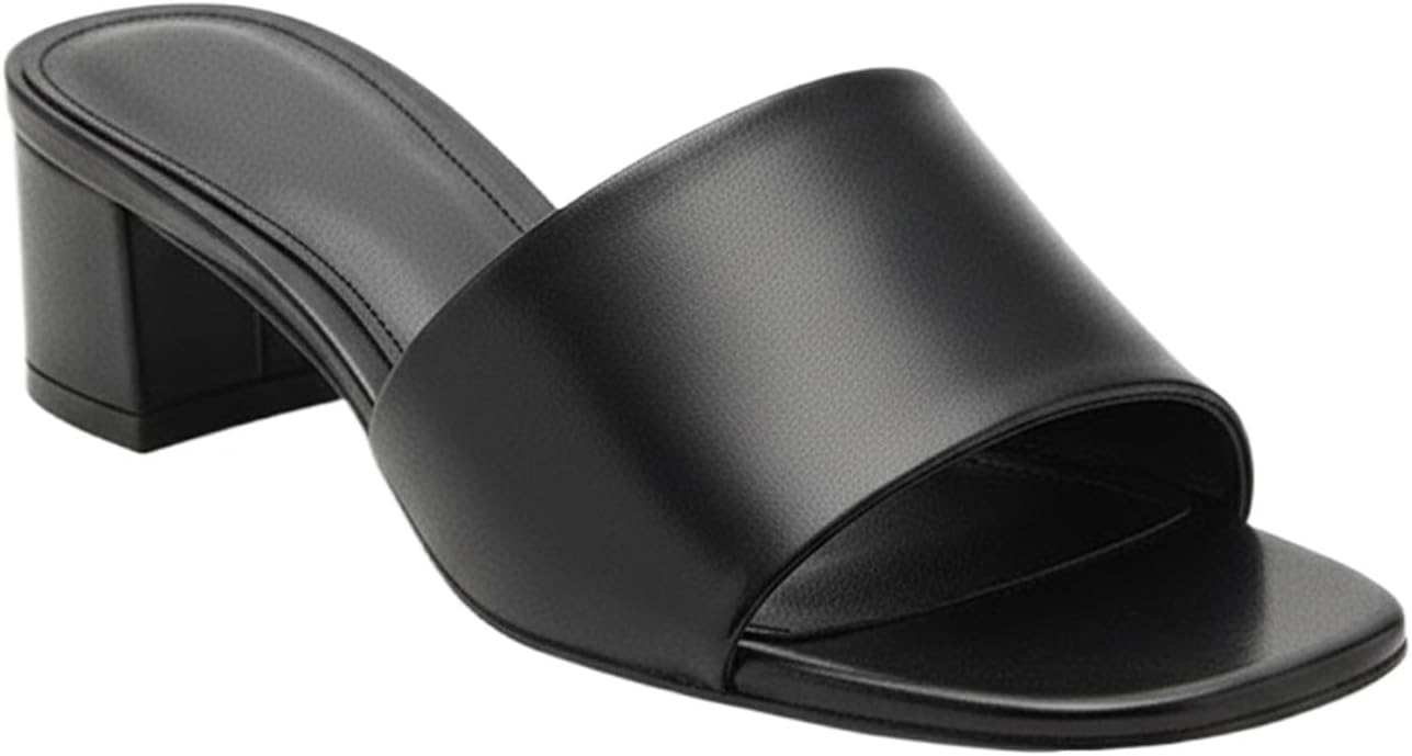 Women's Soft Leather Low Block Heel Sandals Summer Comfortable Square Open Toe Slip On Chunky Heeled Slide Sandals for Vacation Work Casual Dress Mules