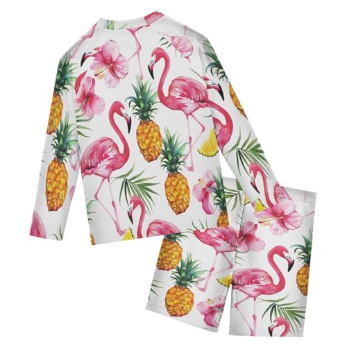 Flamingo Tropical Flowers Boys Swimsuit Rash Guard Toddler Kids Long Sleeve Swim Shirt and Trunks Swimwear Set 3-10Y2
