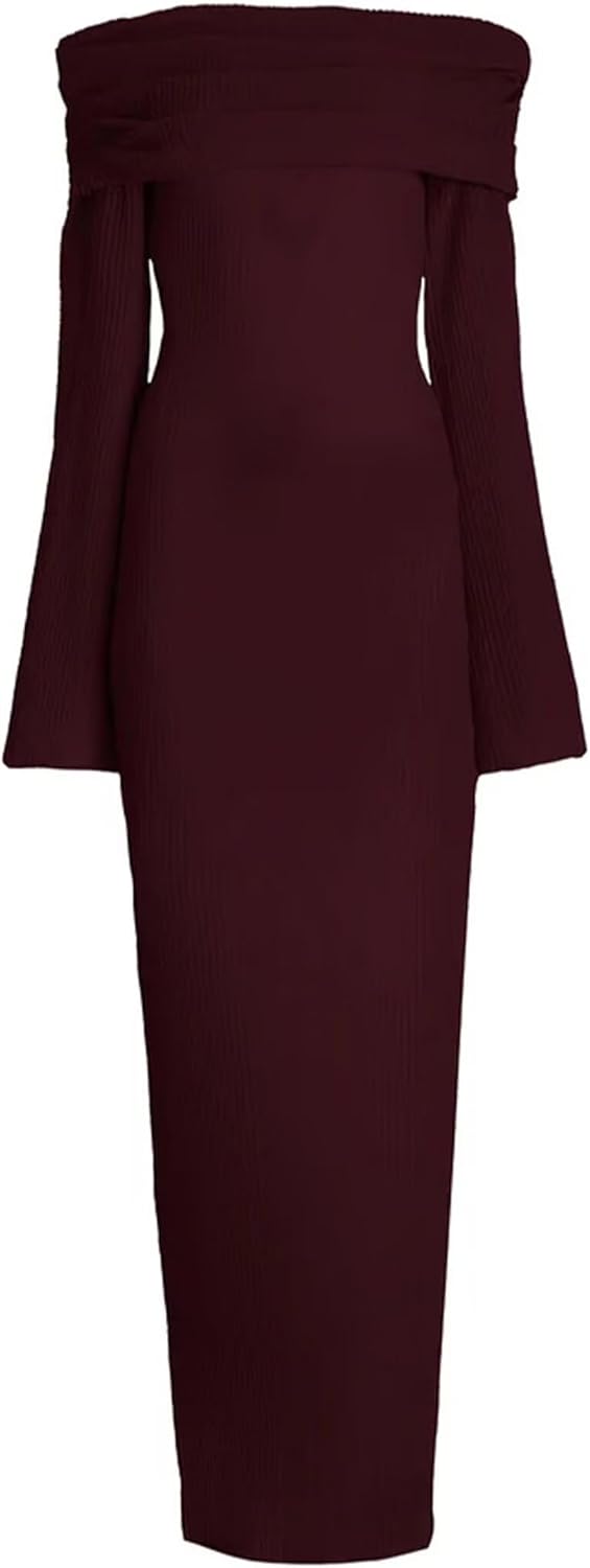 Women's Fall Knitting Dress Long Sleeve Off Shoulder Ruched Maxi Bodycon Cocktail Party Dresses