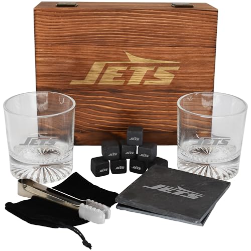 The Memory Company Licensed NFL Wood Boxed Drinkware Gift Set - Includes 2 Premium Rock Glasses, Cooling Cubes, Tongs, and Coasters, New York Jets