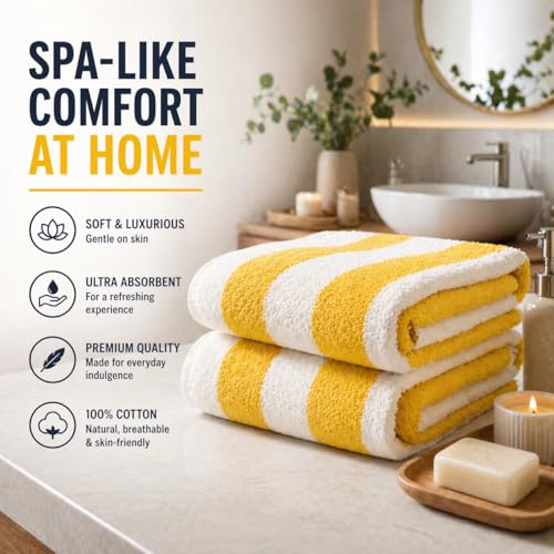 Image of TowelWala Extra Large Cotton Pool & Bath Towel | 180x90 cm | 450 GSM Cotton | Quick Drying & Highly Absorbent | Striped Design for Adults | TW PT YLW Pack 2