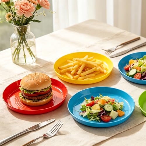 Image of Frcctre 24 Pack Kids Plastic Plates, 7 Inch Small Unbreakable Children Dinner Plates Set BPA Free Reusable Snack Salad Plate for BBQ, Travel, Events, Dishwasher Safe, 8 Colors