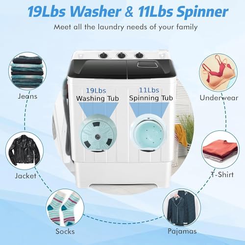 Nictemaw Portable 30Lbs Twin Tub Washing Machine Washer and Dryer Combo, Compact Laundry Machine with Drain Pump, Time Control, Semi-Automatic 19Lbs Washer and 11Lbs Spinner for Apartment Dorms RV - 2