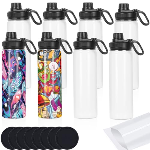 Draheri Sublimation Sports Water Bottle Blanks Bulk, 22 oz Sublimation Tumblers, Stainless Steel Double Wall Insulated Sublimation Cups with Portable Handle, Individually Boxed (8 Pack)