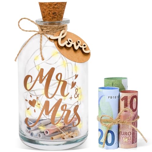 Hochzeitsgeschenke Geld Leuchtflasche für Brautpaar und Frisch Verliebte, LED Flaschenlicht Hochzeit Mr. & Mrs. Personalisiert Geldgeschenke Hochzeit Hochzeitskasse Spardose