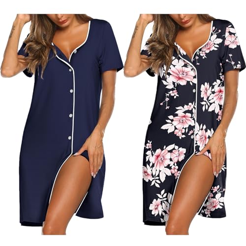 Image of Ekouaer Nightgowns for Women 2 Pack Button Down Sleepshirt Short Sleeve Nightshirt Soft Sleepwear V Neck Pajama Dress