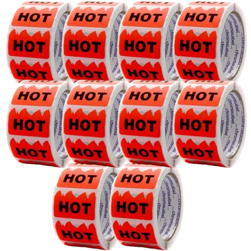 Image of ChromaLabel 2 x 1.25 Inch Flame Stickers for Hot Labels, Fluorescent Red Caution Hot Stickers, 500 Labels per Roll, Fluorescent Red - Case of 10