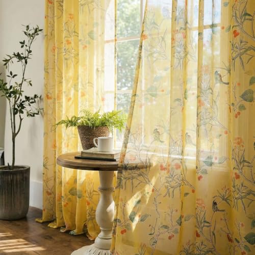 Image of XTMYI Mustard Yellow Floral Sheer Curtains, Fun Vintage Retro Botanical Patterned Window Panel for Living Room Kitchen, Chinoiserie Inspired Whimsical Hummingbird Spring Decor, 84 Inches Long