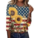 Women Tops 0 Neck Dressy Casual Blouse Star and Stripe Flag Printed Shirts 3/4 Length Sleeve Fashion T Shirt