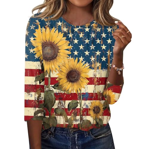 Women Tops 0 Neck Dressy Casual Blouse Star and Stripe Flag Printed Shirts 3/4 Length Sleeve Fashion T Shirt