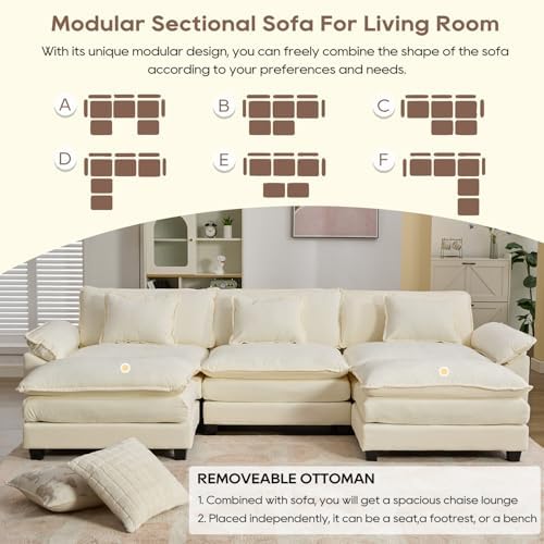 IPKIG Modular Sectional Sofa, Comfy Cloud Couch Modular Couch Sofa for Living Room, Basement, DIY Combination (Beige, 117" - U Shaped) - 2
