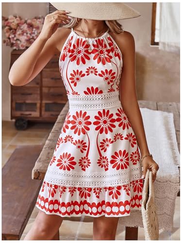 Image of Floerns Women's Contrast Lace Sleeveless Halter Dress Backless Vacation A Line Dress