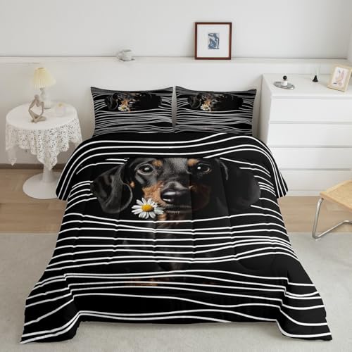 Manfei Lovely Dachshund Comforter Set,Cute Puppy Pet Dog Animal Kawaii Bedding Set for Kids Teens Bedroom,Rustic Daisy Flower Geometric White Lines Quilt Set 2 Pcs with 1 Pillowcase,Toddler