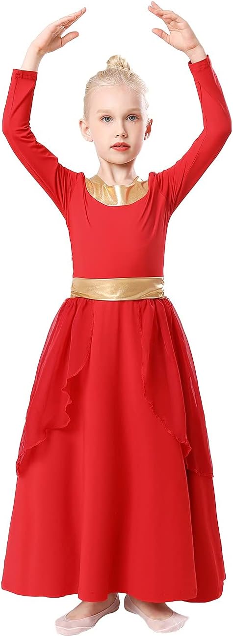 HIHCBF Girls Long Sleeve Praise Dance Dress Liturgical Metallic Waistband Wide Swing Chiffon Skirt Worship Lyrical Costume