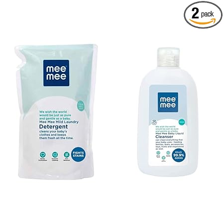 Mee Mee Mild Baby Liquid Laundry Detergent Refill Pack, 1.2L & Anti-Bacterial Baby Liquid Cleanser (300ml) Combo