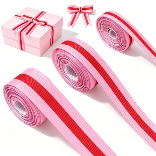 JarThenaAMCS 3 Rolls Pink Red Grosgrain Ribbon Stripe Craft Ribbons 15 Yard Gift Wrap Ribbon for Wedding Birthday Christmas Wreath Hair Bow DIY Craft Accessories 0.4 0.7 1