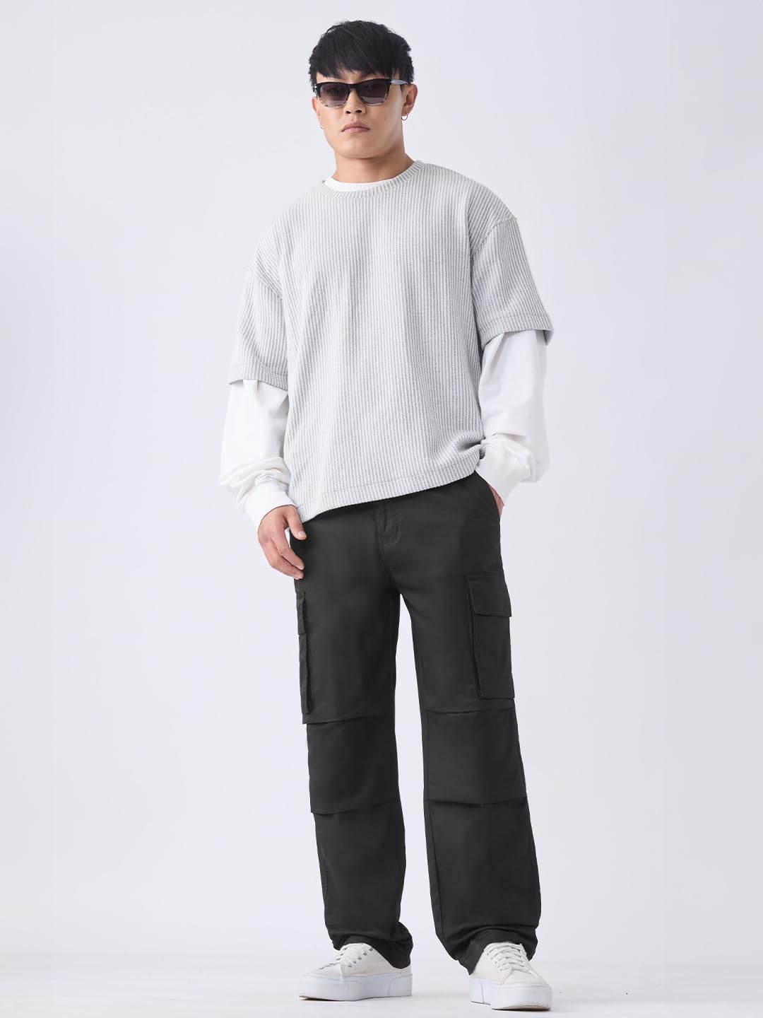 The Souled Store Nightfall spodnie cargo dla mężczyzn i chłopców, z zamkiem błyskawicznym, jednokolorowe, bawełna, lycra, lekkie, trwałe, 6 kieszeni, prosty krój